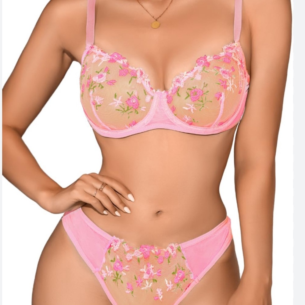 Sheer Pink Balconette Bra and Thong with Floral Embroidery